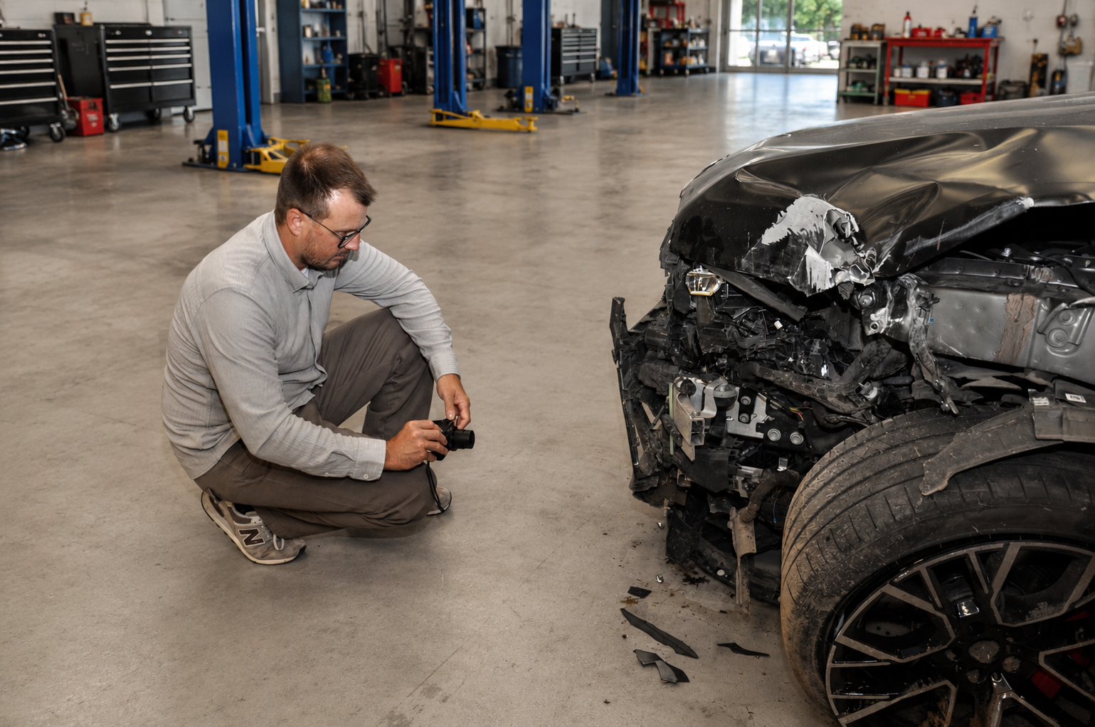 Gutachter fotografiert einen beschädigten Unfallwagen